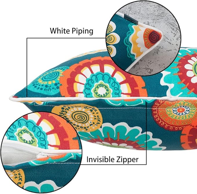 Magpie Fabrics Pack of 2 Outdoor Waterproof Lumbar Rectangular Throw Pillow with Insert 12x20 Inch, Home Decorative Toss Cushion for Patio Garden Car Office (Heronsbill Turquoise Green)