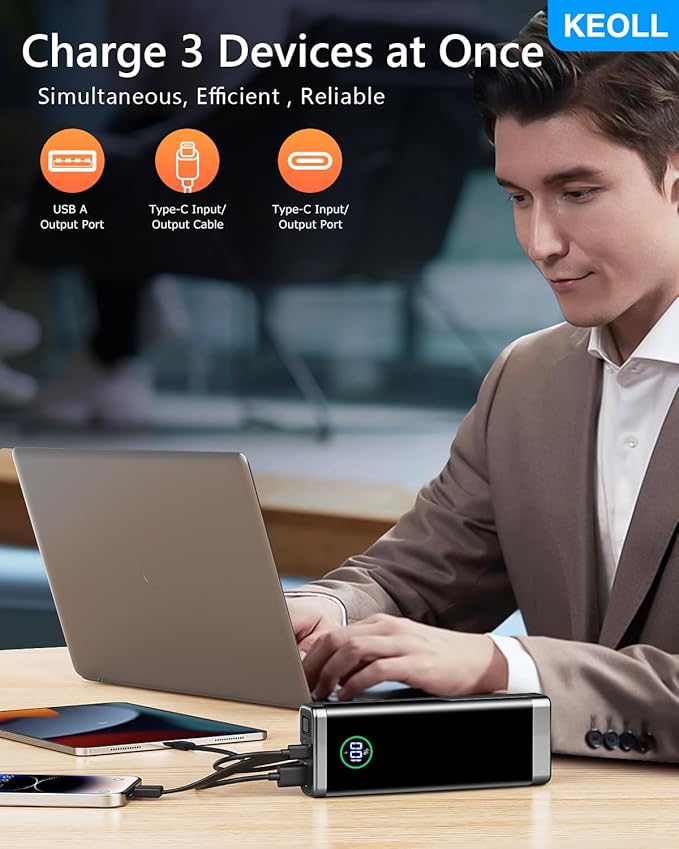 Portable Charger 40000mAh Power Bank, 22.5W Fast Charging Battery Pack with Built-in USB-C Cable, Ultra-High Capacity Portable Phone Charger Powerbank for iPhone 16 15 14 13/ Galaxy S24 S22- 1 Pack