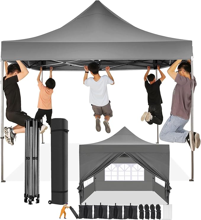 COBIZI 10x10 Pop up Canopy Tent with 4 Sidewalls, Waterproof Heavy Duty Commercial Canopy for Parties, Outdoor Tent, Garden Gazebo, Carry Bag with Wheel (10x10ft, Gray)
