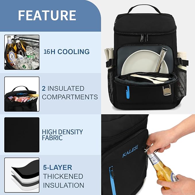 Kalesi Cooler Backpack 36 Cans Lightweight Insulated Backpack Cooler Leak-Proof Travel Camping Lunch Backpack Outdoor Cutlery Backpack for Men and Women