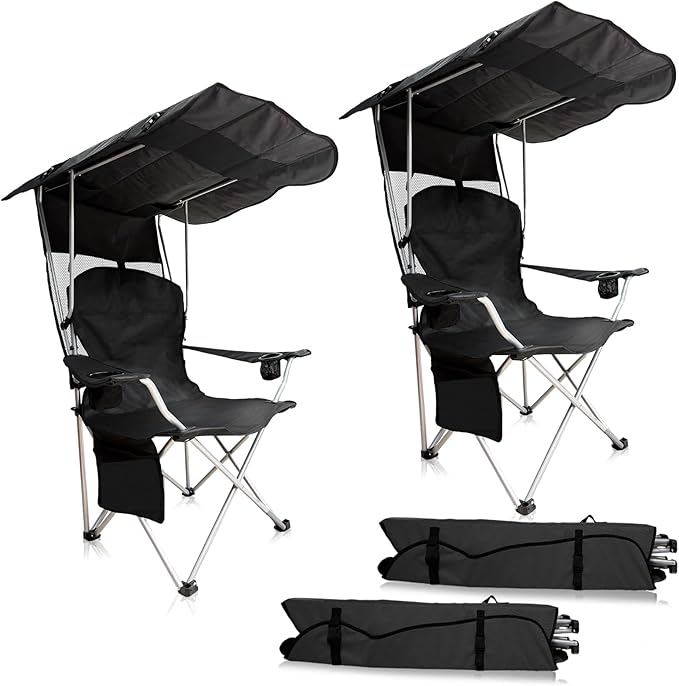 Portable Camping Chair with Canopy Shade- Folding Camping Lounge Chair with Cup Holder & Side Pocket for Outdoor Camping, Fishing, Beach - Support 330 LBS(BLACK-2PK)