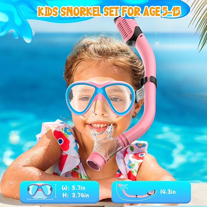 Kids Snorkel Set, Dry Top Snorkeling Gear for Kids, Diving Mask for Youth Boys Girls Age 5-15, Tempered Glass Swimming Goggles Combo Set, Anti-Fog Panoramic View Kids Snorkel Set