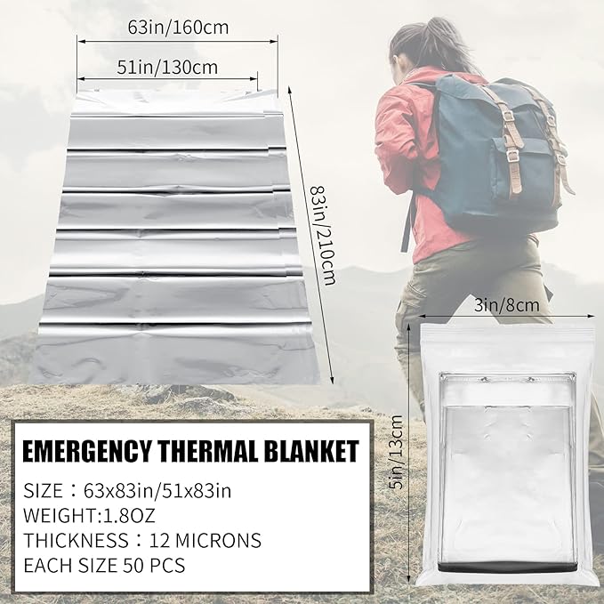 100 Pack 2 Size Silver Mylar Thermal Survival Blankets for Outdoors Camping Hiking First Aid Adult Kid