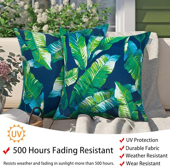 Magpie Fabrics Patio Pillow Covers ONLY 18"x18", Set of 2, Fade-Resistant Outdoor Indoor Decorative Throw Pillowcase Shell for Couch Garden Furniture - Green Lagoon Leaves