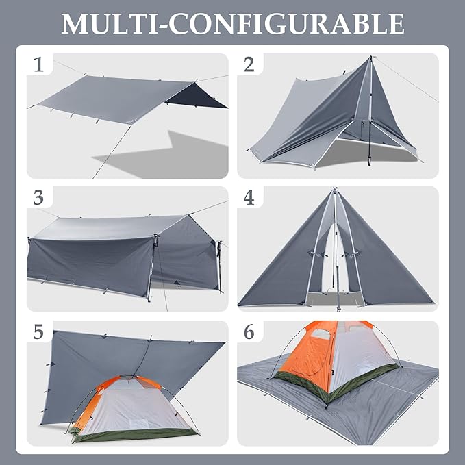 Camping Tarp Tent Portable Multifunctional Bushcraft Backpacking Tear-Resistant Fabric Rain Fly Tarps Awning Shelter Lightweight Waterproof Tarp(10×10 tarp)