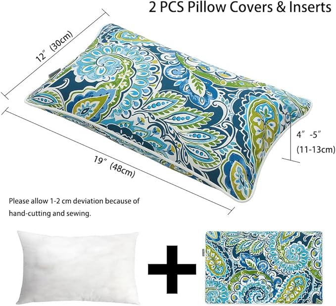Magpie Fabrics Pack of 2 Outdoor Waterproof Lumbar Rectangular Throw Pillow with Insert, Home Decorative Toss Pillows All Weather Cushion for Patio Garden Car Office (12x20 Inch, Paisley Lapis Green)
