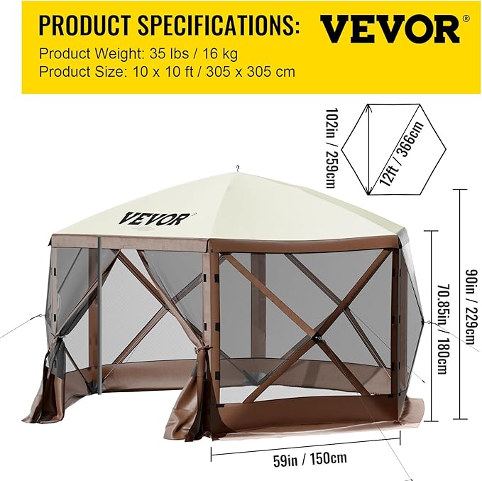 VEVOR Pop Up Gazebo Screen Tent, Pop-Up Instant Gazebo Tents with Mosquito Netting Outdoor Canopy, 6 Sided Sun Shelter 10x10ft with 6 Removable Wind Cloths & 2 Mesh Windows, Pavilion Tent for Patio