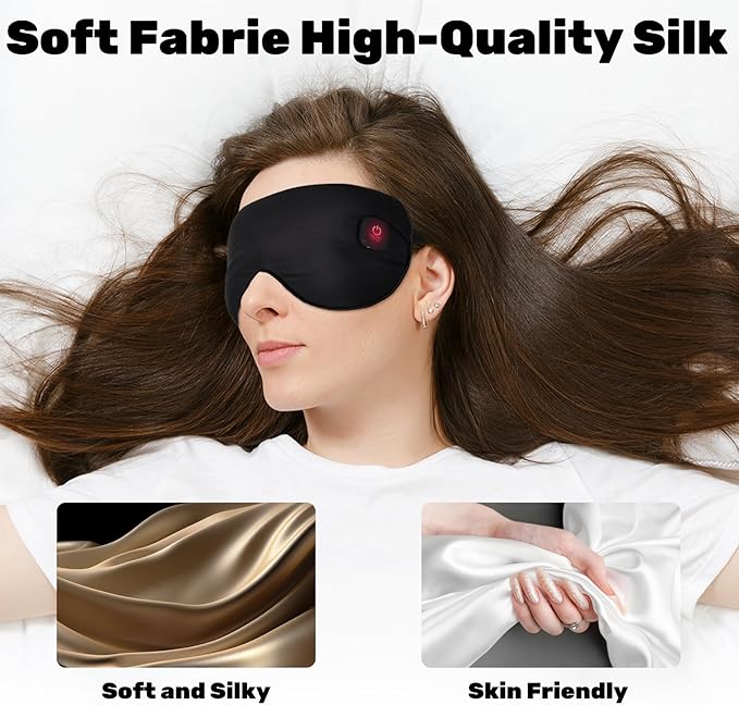 Silk Cordless Heated Eye Mask for Dry Eyes, Light Blocking Warm Eye Compress, Improved Sleep, with 3 Heat Settings, Washable Heating Pad for Migraine, Travel, Rechargeable, Men Women