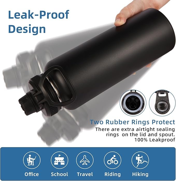 Volhoply Insulated Water Bottles Bulk 8 Pack, 40 oz Stainless Steel Sports Bottle with Paracord Handle & SpoutLid, Double Walled Metal Cups with Wide Mouth, Reusable Adult Water jug (Black,8 Set)