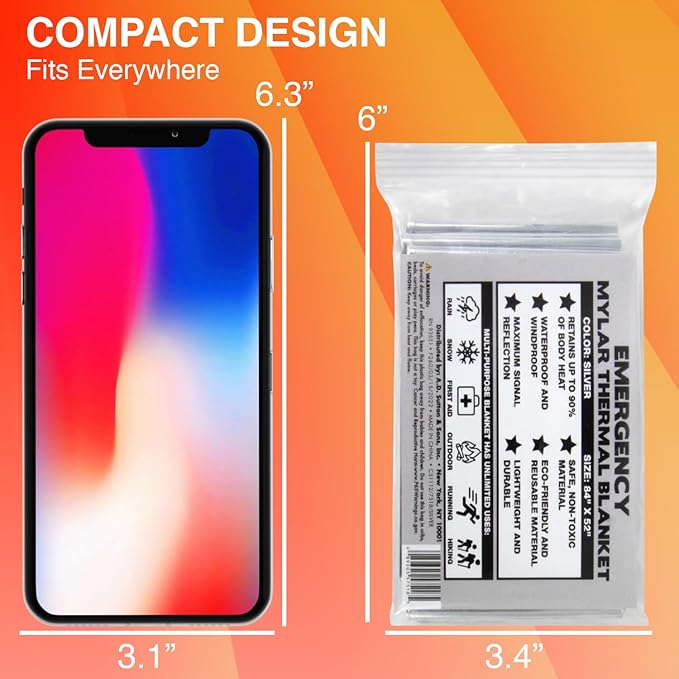 10 Pack Mylar Emergency Thermal Blankets for Survival, Thick Reusable Mylar Space Blankets Bulk 52x84 Emergency Foil Blankets for Warmth, Camping, Runners, Spa, First Responders