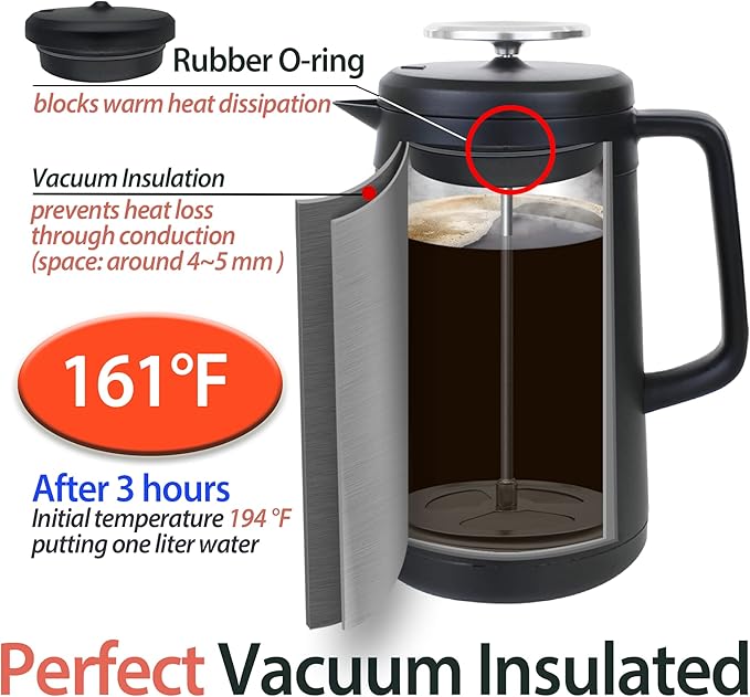 PortableAnd 34oz Double Vacuum Insulation Large Silicone French Press Coffee Maker, Metal Stainless Steel, Matte Black, Perfect for Camping, Travel, and At-Home Use (Light Gold)