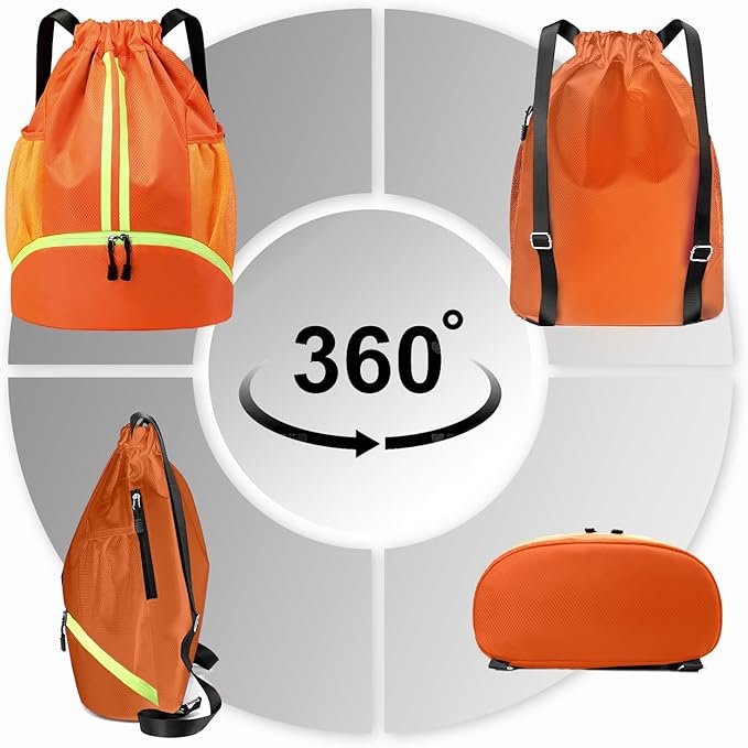 Hoedia Sports Drawstring Backpack - String Swim Gym Bag with Shoes Compartment and Wet Proof Pocket for Women/Men (Orange)