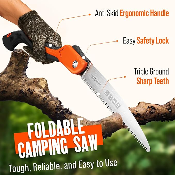 GROWIT Folding Camping saw 11 Inch - Heavy Duty Pruning Saw with Triple-Cut SK5 Blade, 7 TPI Razor Teeth for Tree Trimming, Wood Cutting, Camping, Bushcraft, and Gardening