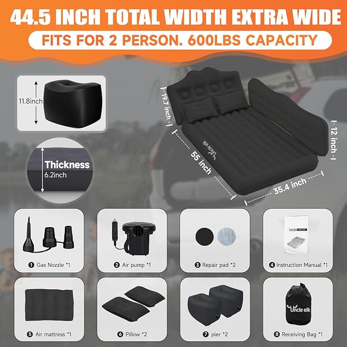 Car Air Mattress Bed: Inflatable Back Seat Air Mattress for Car, Thickened Camping Sleeping Pads with 2 Pillows & Air Pumps, Fits Sedan/Truck/SUV, Black