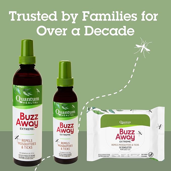 Quantum Health Buzz Away Extreme DEET Free Insect Repellent Wipes - Travel-Friendly Citronella Oil Mosquito & Tick Outdoor Bug Repellent Towelettes, Kids & Adults - 20 Individual Wipes