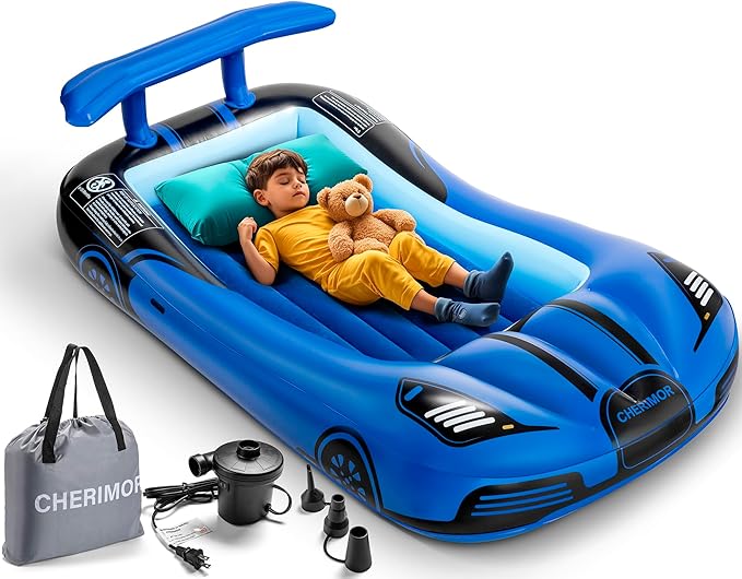 Inflatable Toddler Travel Bed with Safety Bumpers & 2 Mins Auto Inflation Pump, Portable Toddler Kids Air Mattress with Carry Bag for Home Grandma's Sleepovers Travel Camping, 330lbs Support
