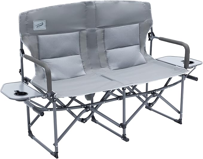 Oversized Double Portable Folding Director’s Loveseat Chair with Padded Backrest, Side Table | Outdoor Sports, Beach, Lawn, Hunting, Tailgating, Fishing| Supports 300 Lbs/Seat
