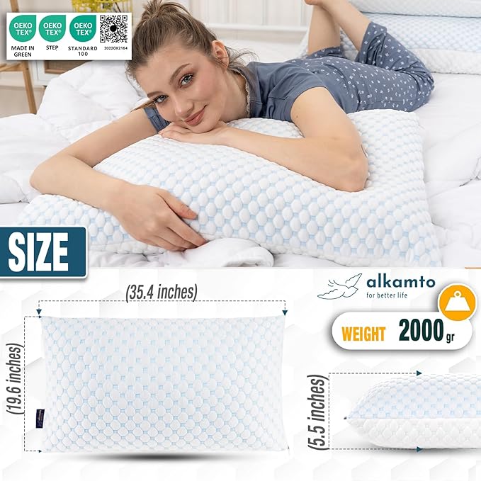 alkamto Cooling Shredded Memory Foam Pillow – Adjustable Gel for Personalized Support – Double-Sided Ice Silk & Soft Rayon – Lightweight, Compressible (White) (King)