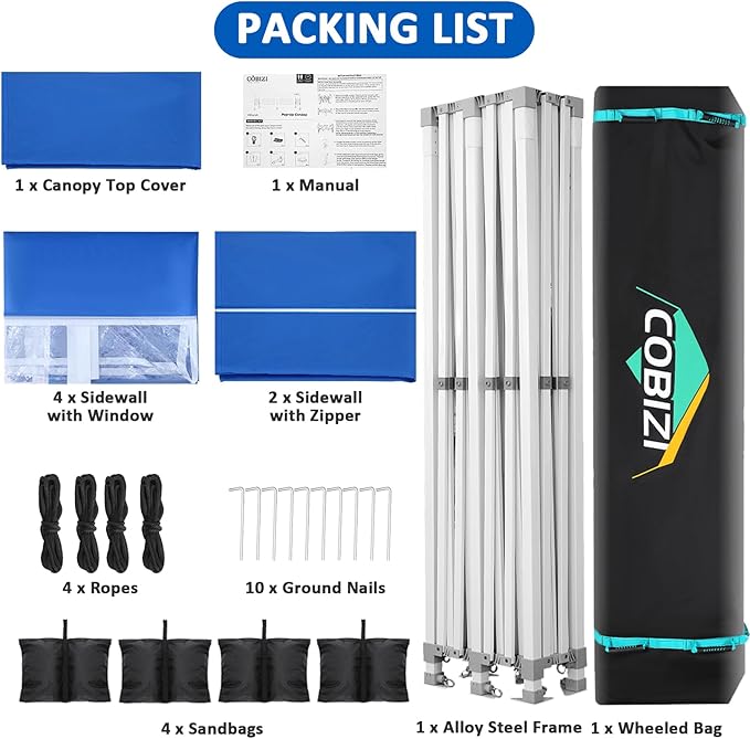COBIZI 13x26 Pop Up Canopy with 6 Sidewall,Heavy Duty Canopy UPF 50+ All Season Wind Waterproof Commercial Outdoor Wedding Party Tents for Parties Canopy Gazebo with Roller Bag(13 x 26 ft Blue)