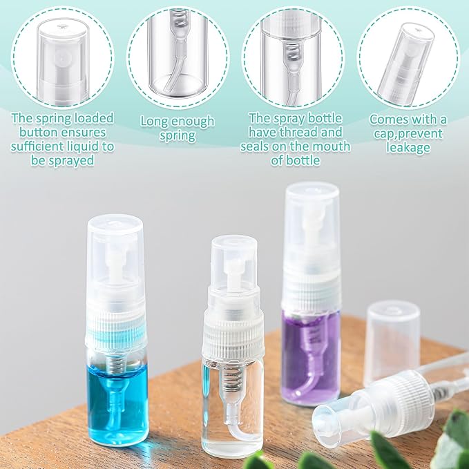 Zhehao 300 Pcs Mini Spray Bottles 2 ml Clear Glass Perfume Bottles Refillable Fine Mist Perfume Atomizer Portable Empty Sample Containers for Cleaning, Essential Oils, Travel (Clear Cap)