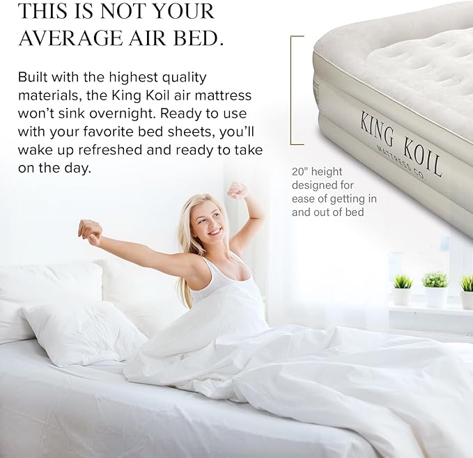 King Koil Luxury Air Mattress 20in Full Size Beige with Built-in Pump for Home, Camping & Guests-Inflatable Airbed Luxury Double High Adjustable Blow Up Mattress, Durable - Portable and Waterproof