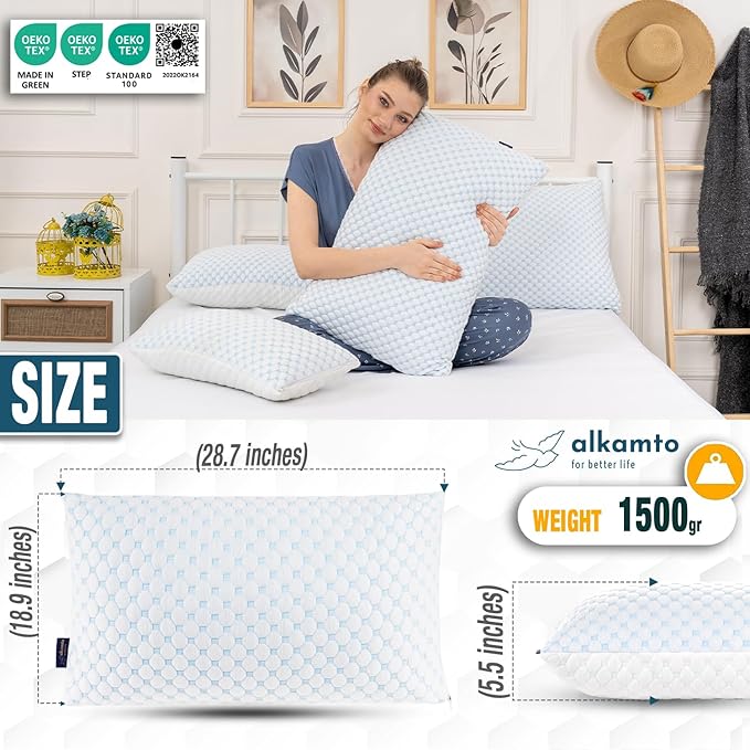 alkamto Cooling Shredded Memory Foam Pillow – Adjustable Gel for Personalized Support – Double-Sided Ice Silk & Soft Rayon – Lightweight, Compressible (White) (Queen)