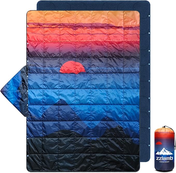 zzlamb Hooded Stadium Camping Blanket,Waterproof Outdoor Blanket Polar Fleece,Warm Windproof Portable for Stadium,Picnic,Sports,Beach,Car,Pets,56x75in Blue Mount Red Sun