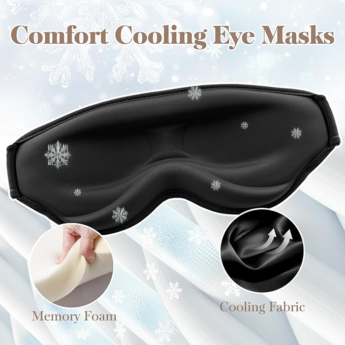 3D Cooling Eye Mask Sleep Mask for Men & Women, 100% Pressure-Free & Light Block-Out Eye Mask for Sleep with Easy Adjustable Strap, Night Eye Cover for Travel, Black