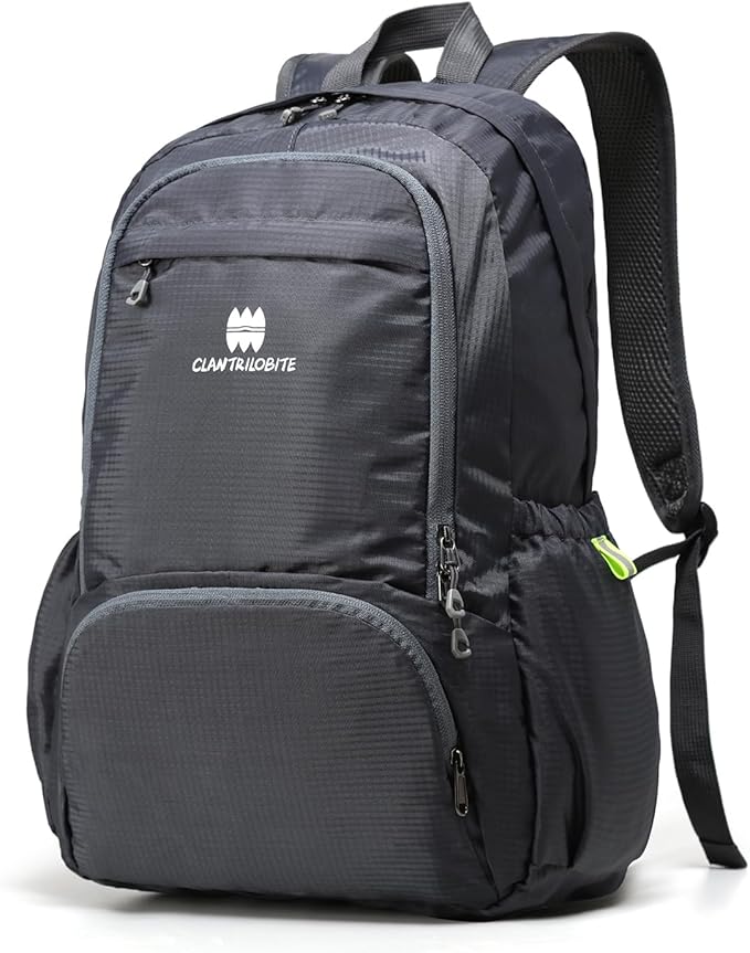 Lightweight Packable Travel Backpack, 30L Grey Daypack Hiking Backpack for Women Men, Waterproof and Foldable, Travel Backpack Carry on Flight Approved