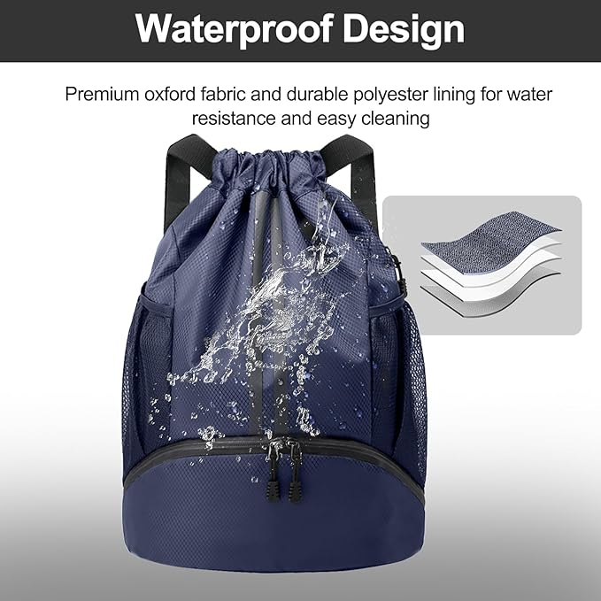 Hoedia Sports Drawstring Backpack - String Swim Gym Bag with Shoes Compartment and Wet Proof Pocket for Women and Men