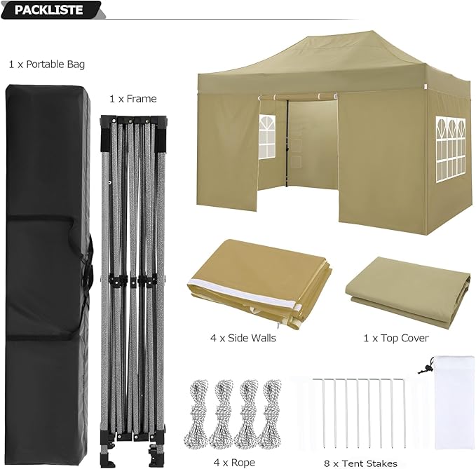 COBIZI 10x15 Pop Up Canopy with 4 Sidewall,Heavy Duty Canopy UPF 50+ All Season Wind Waterproof Commercial Outdoor Wedding Party Tents for Parties Gazebo with Carry Bag(10 x 15 ft Khaki)