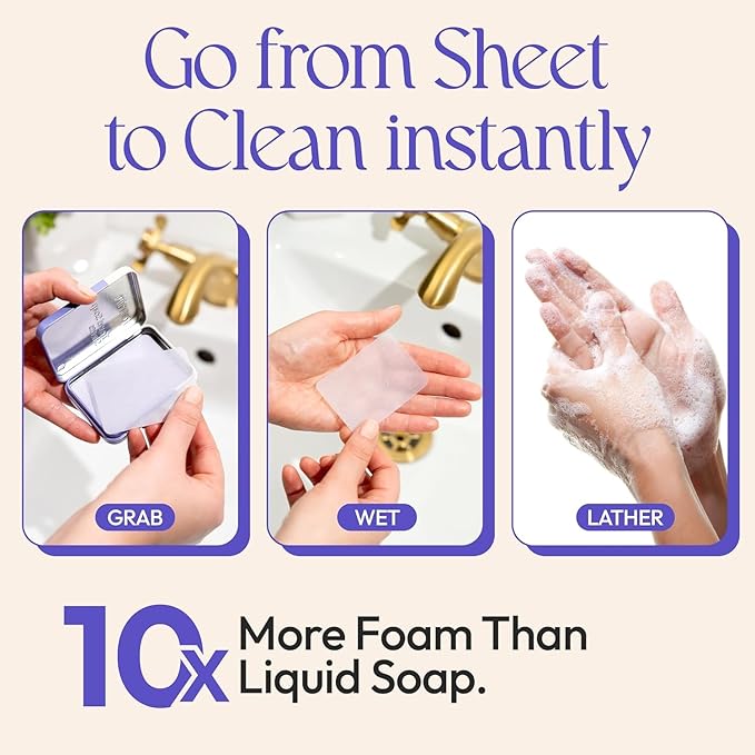 FOMIN - Antibacterial Paper Soap Sheets Tin for Traveling - (300 Sheets) Lavender - Portable Travel Hand Soap Sheets, Dissolvable Mini Camping Hand Soap for Hand Washing