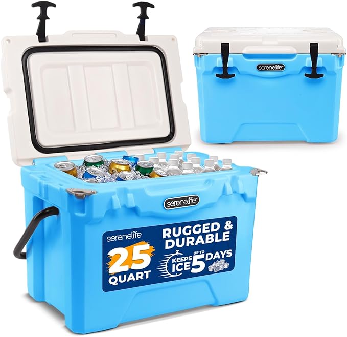 SereneLife Ultra-Tough 25-75 Quart Rotomolded Cooler Box, Holds Upto 64 Cans, Keeps Ice Up to 5 Days, Heavy-Duty Insulated Portable Ice Chest Box, Ideal for Camping, Beach, Picnics, Tailgating, etc