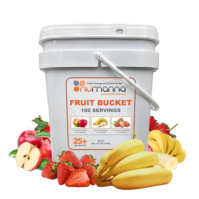 Numanna Freeze-Dried Fruits Bucket – 100 Servings, 2 lbs | Apples, Bananas & Strawberries | Healthy Snack for Everyday Use, Emergency & Survival Meals | Durable Packaging, 25+ Year Shelf Life | Made in USA