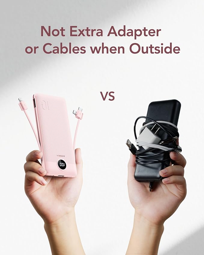 VEGER Portable Charger with Built-in AC Plug and Cables, All in One 10000mAh Ultra-Slim Power Bank, 15W Fast Charging for iPhone, Samsung, Android, Travel Essential (Crepe)