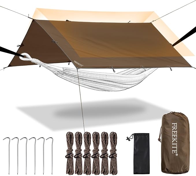 Camping Tarp Tent Portable Multifunctional Bushcraft Backpacking Tear-Resistant Fabric Rain Fly Tarps Awning Shelter Lightweight Waterproof Tarp(10×10 tarp)