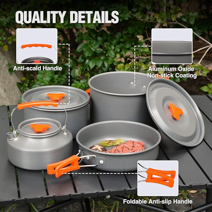 REDCAMP 6/10/11/12/14/15/19 PCS Camping Cookware Mess Kit Camping Gear Campfire Utensils Lightweight Stackable Pot Pan Bowls Soup Spoon with Storage Bag for Camping, Backpacking, Outdoor Cooking