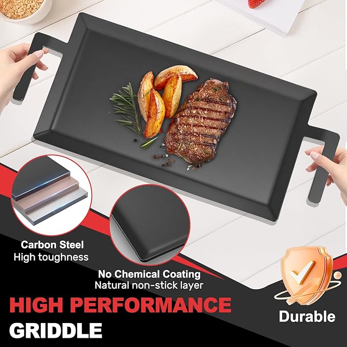 Carbon Steel Griddle Comes with Grill Press, Double Burner Griddle for Gas Stove, Electric Range, Outdoor Gas Grill, Induction, and Oven, Pre-seasoned Nitride Coating Compatible with Made in