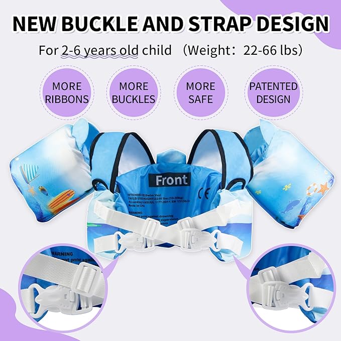 Elejolie Toddler Swim Vest for Child Learn Swiming Training,Infant Safety Swimmies Aid Jacket for Kids 2 3 4 5 6 Years Old,Arm Water Wings for Baby 22-66lbs