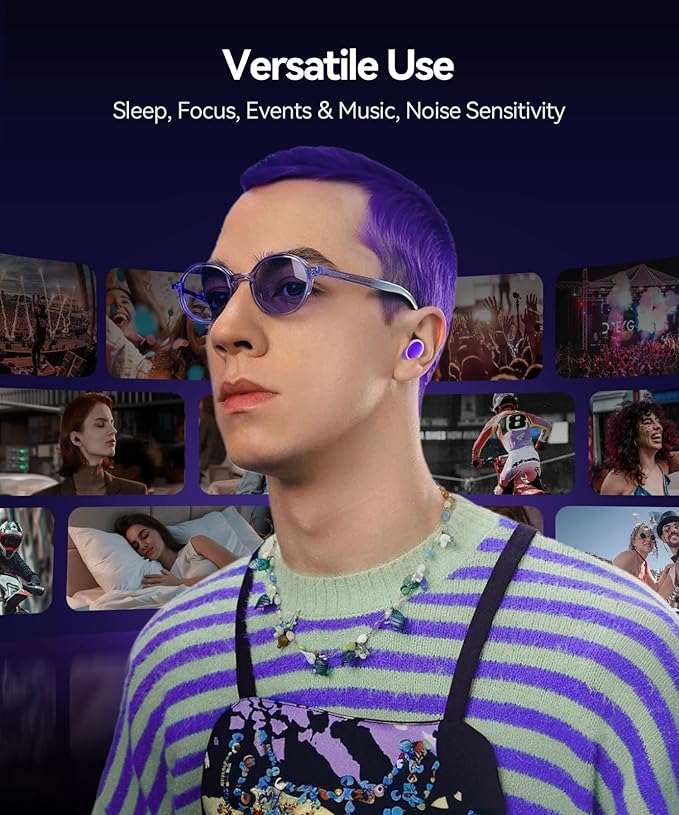 Ear Plugs for Sleeping 45dB Noise Cancelling Ear Plugs for Concerts & Noise Reduction, Earplugs for Sleep, Snoring Airplane Musician Calmer, Silicone Earplugs Reusable Concert Ear Plug +8Tip Violet