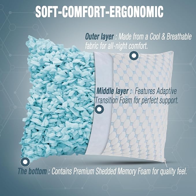 alkamto Cooling Shredded Memory Foam Pillow for Travel and Camping – Adjustable Gel for Personalized Support – Double-Sided Ice Silk & Soft Rayon – Lightweight, Compressible (White) (Travel)