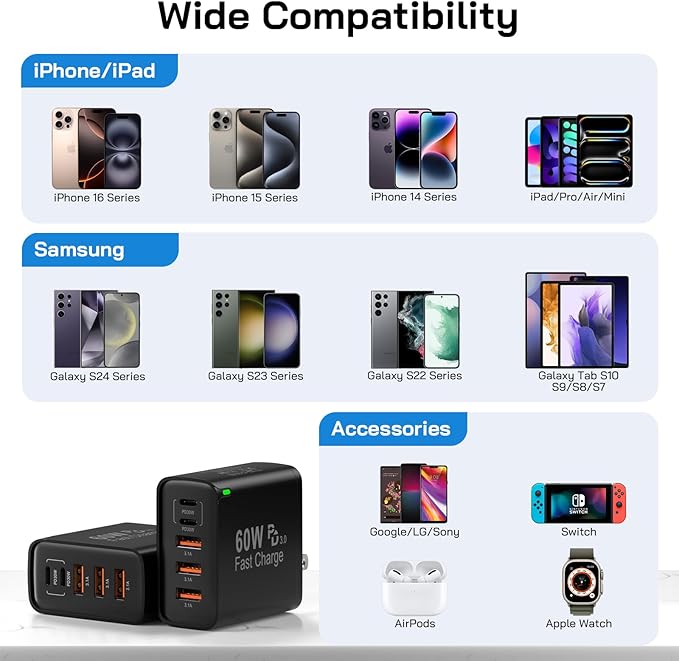 2Pack USB C Fast Charger Block, 60W 5-Port USB C Wall Charger 30W Type C Charging Block, 2USB C+3USB A PPS/PD 3.0 Multiport Charging Cube for iPhone 17 16 15 14 Pro Max,for Galaxy S25 S24 Ultra, i Pad