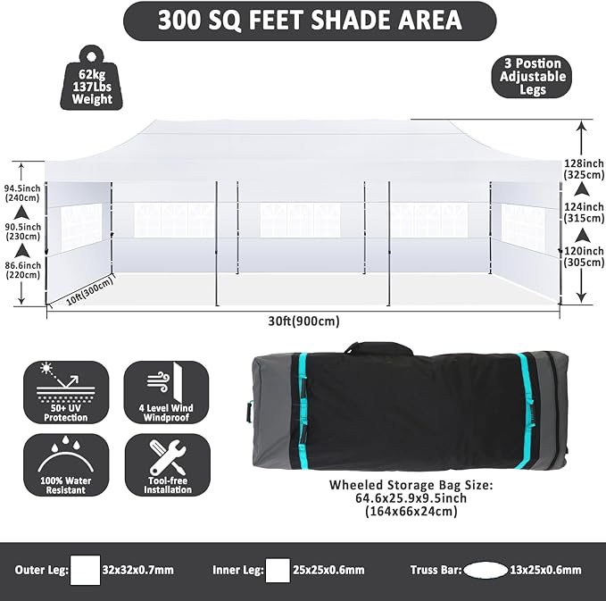 COBIZI 10x30 Pop Up Canopy with 8 Sidewall,Heavy Duty Canopy UPF 50+ All Season Wind Waterproof Commercial Outdoor Wedding Party Tents for Parties Canopy Gazebo with Roller Bag(10 x 30 ft White)