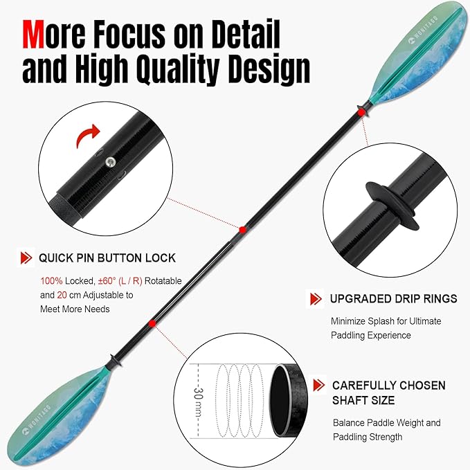 Kayak Paddles with Fiberglass Shaft and Reinforced PP Blade, Floating Adjustable Kayaking Oars, 3 Piece, 220-240 cm/86-94 Inches, 240-260 cm/94-102 Inches