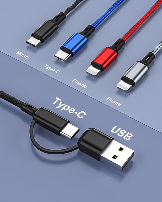 seynli 6-in-1 Multi Charging Cable 6ft, Charging Cables for Multiple Devices, Compatible with Three Types Ports, USB-C, Micro USB - Multi End Charging Cable Supports 2.4A Fast Charging