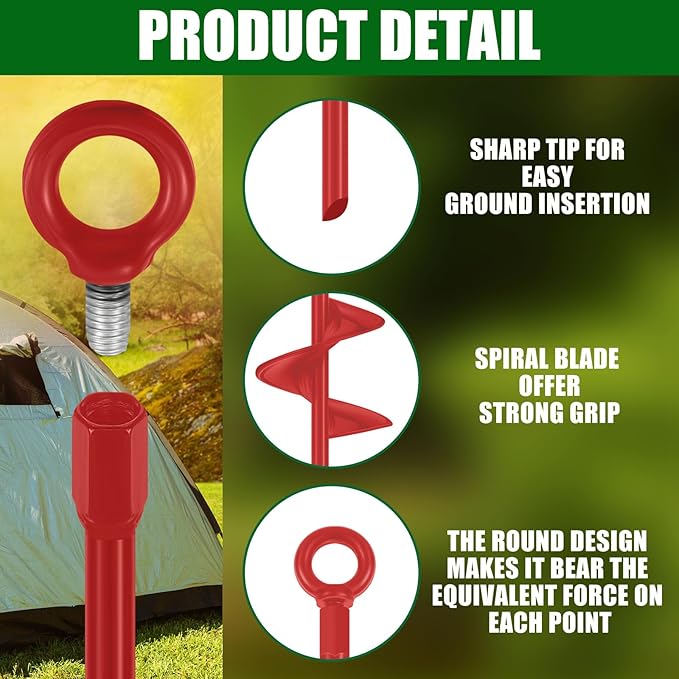 Lasnten 3 Pcs 30 Inch Heavy Duty Ground Anchor Spiral Blade Earth Anchor Kit Metal Anchor Hook Beach Sand Stakes Camping for Securing Animals, Shelters, Tents, Canopies (Red)