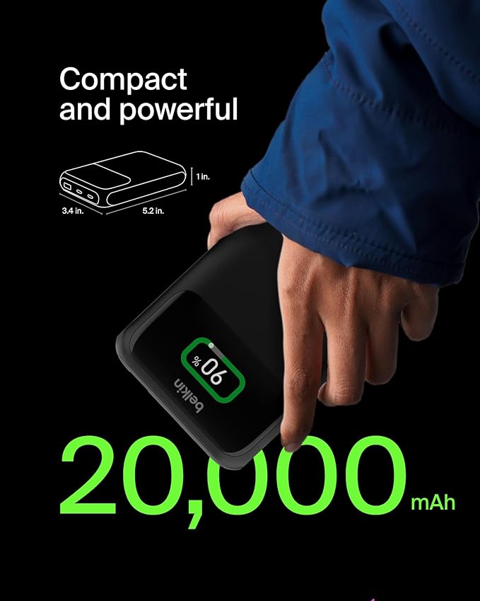 Belkin Portable Charger, 3-Port Laptop Power Bank 20000 mAh - USB-C & USB-A Ports, 65W iPhone Charger Fast Charging - MacBook, Apple iPhone 17, iPad, Samsung Galaxy S25, Nintendo Switch 2, etc - Black