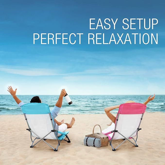 HAUSHOF High Back Beach Chair, Mesh Back Folding Chair, Lightweight Low Seat Camping Chairs with Cup Holder, Carry Bag, Padded Armrest for Outdoor Beach Lawn Camping Picnic Festival