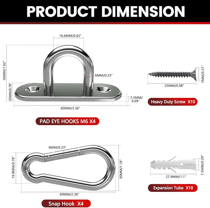 sprookber 304 Stainless Steel Pad Eye Snap Hooks, M6 Heavy Duty Ceiling Hooks, 800 lb Capacity Hammock Swing Hanging kit, Plant Hangers, Marine Hardware Staple Hook Loop with Screws, Set of 8