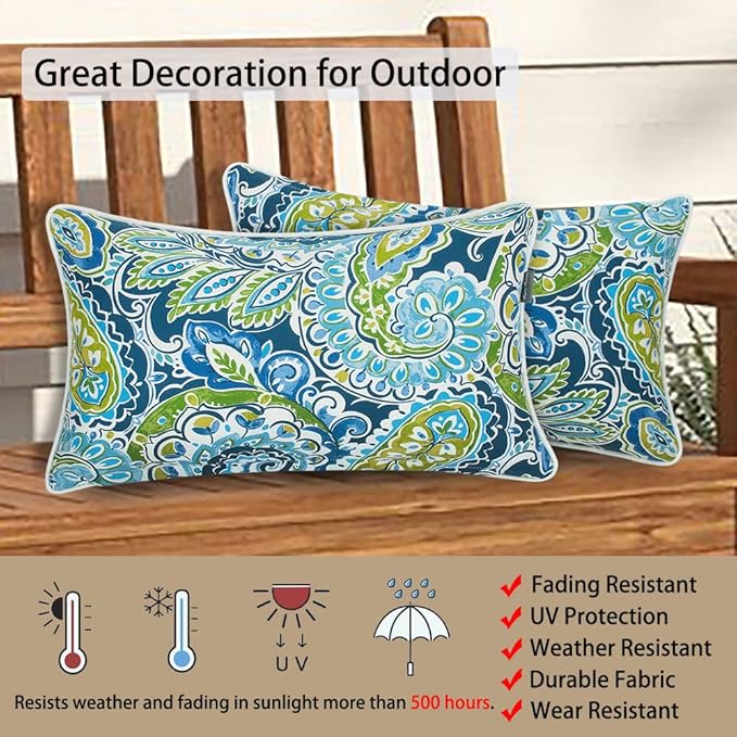 Magpie Fabrics Pack of 2 Outdoor Waterproof Lumbar Rectangular Throw Pillow with Insert, Home Decorative Toss Pillows All Weather Cushion for Patio Garden Car Office (12x20 Inch, Paisley Lapis Green)